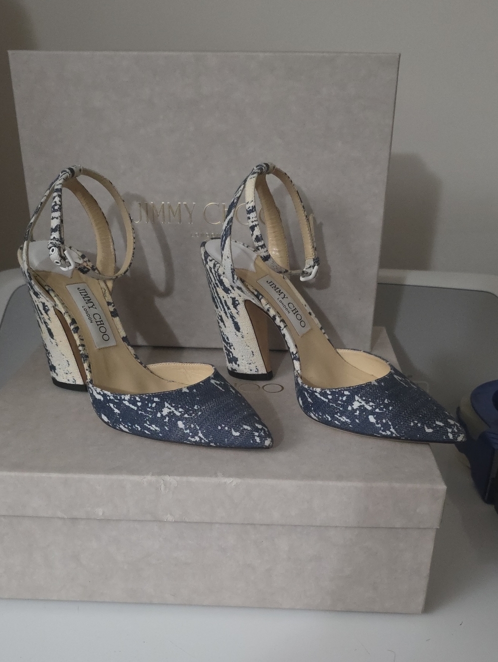 Jimmy Choo Navy and White Speckled Pointed-Toe Ankle-Strap Heels